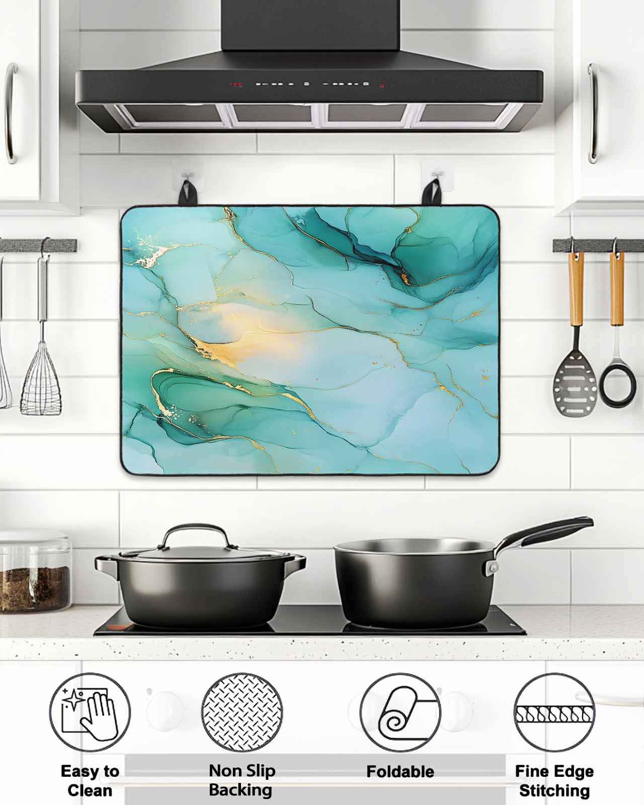 Stove Top Covers for Electric Stove, Teal Marble Glass Stovetop Cover Protector, Abstract Art Modern Ink Painting Induction Cooktop Protector Oven Mat for Kitchen Countertop 24"x21"