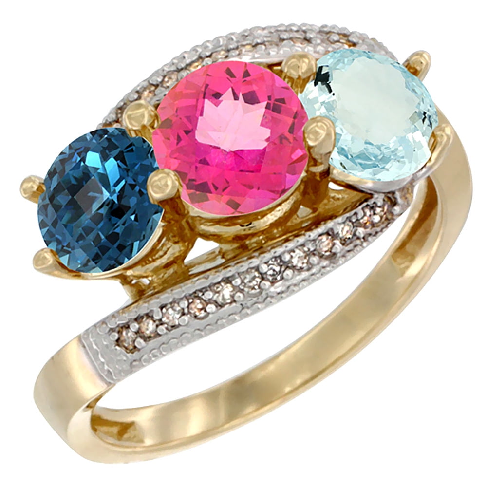 10K Yellow Gold Natural London Blue Topaz, Pink Topaz & Aquamarine 3 stone Ring Round 6mm Diamond Accent, sizes 5 10 by WorldJewels
