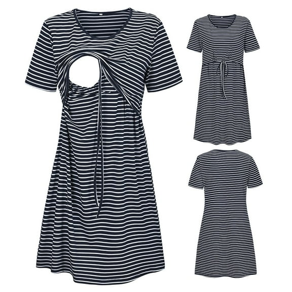 Jinhomg Short Sleeve Pregnancy Dresses for Women Trendy Striped Print Midi Nursing Dress Fall Comfy Nightgowns Maternity for Breastfeeding Navy XL