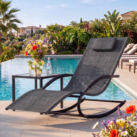 Outdoor Lounge Chair, Rocking Chair, Lounge Chair Recliner with Detachable Pillow for Patio, Lawn, Pool, Outdoor Home Furniture, Grey