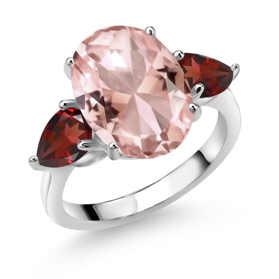 Gem Stone King 925 Sterling Silver Peach Nano Morganite and Red Garnet Ring for Women (10.74 Cttw, 14X10MM Oval and 7X5MM Pear Shape, Gemstone October Birthstone, Size 5)