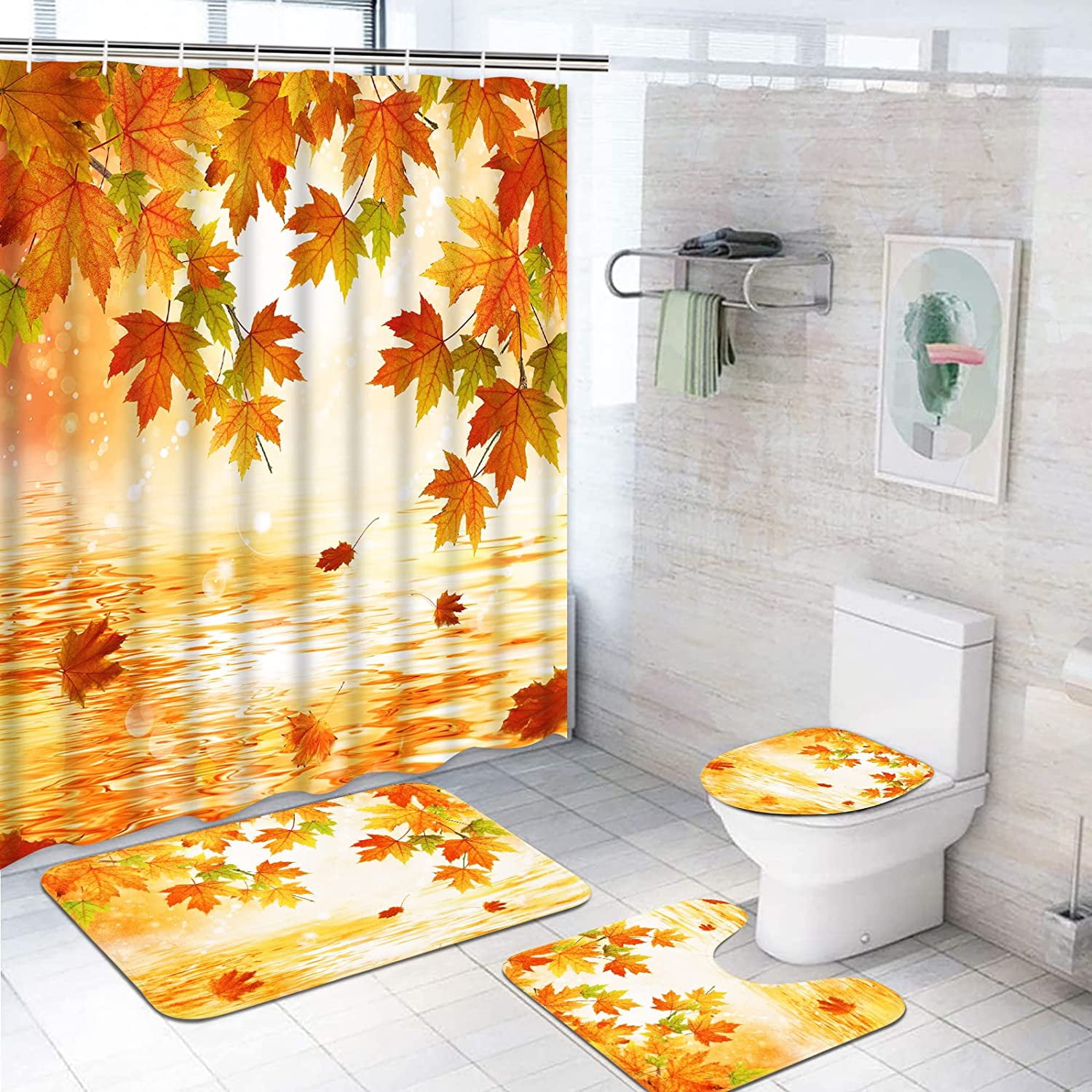 FRAMICS Thanksgiving Harvest Shower Curtain Set with Rugs, Fall Maple Leaf Pattern Bathroom
