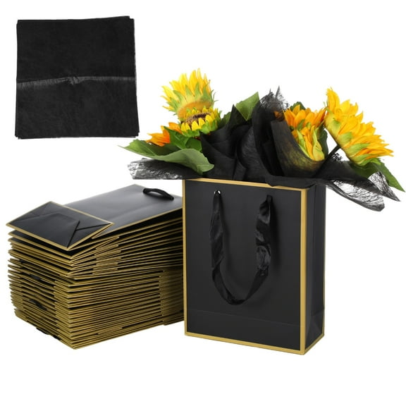 24 PCS Metallic Paper Present Bags, Welcome Present Thank You Bag with Ribbon Handles & Waterproof Liner for Shower Party Wedding Business Event
