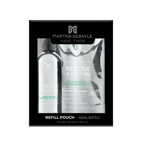 Paquete Shampoo Martha Debayle Rescue frizz + Refill Shampoo Rescue frizz 450 ml c/u