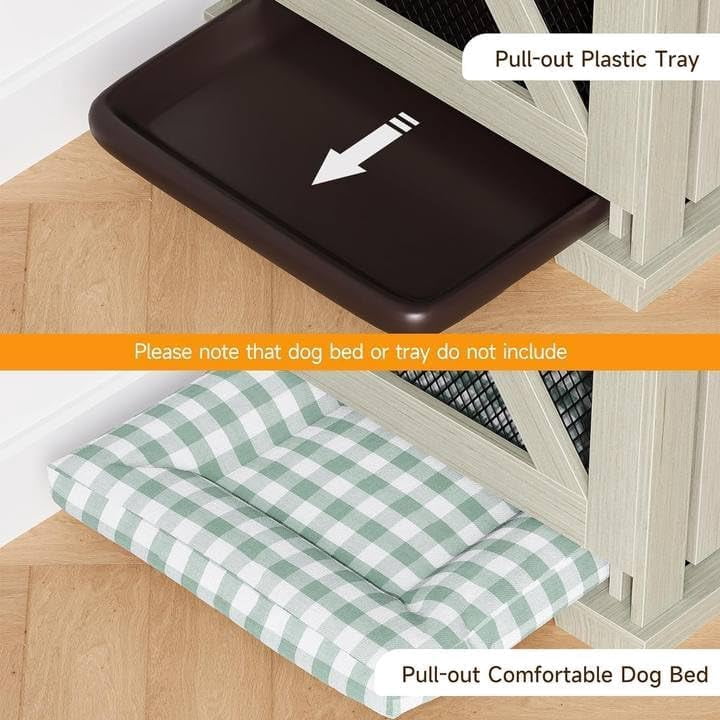 NEILA Dog Crate Furniture - Heavy Duty Dog Kennel with Removable Divider for Large Dog, Versatile Dog House with Sliding Door, Spacious Dog Cage with Storage Cubby for 2 Dogs, White/Dark Walnut