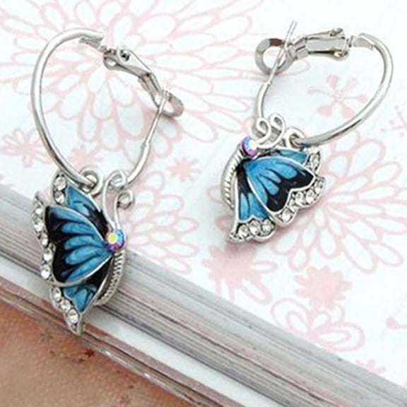 SmartBy Women 1Pair Blue Crystal Rhinestone Enamel Butterfly Dangle Hoop Earrings Earbob