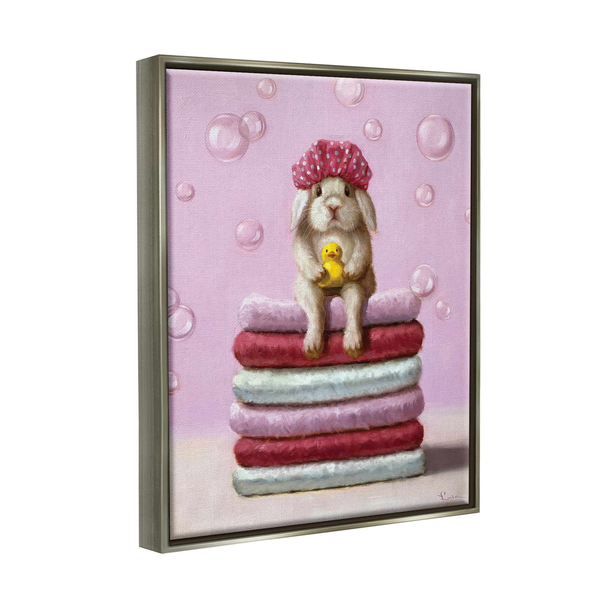 Stupell Industries Cute Baby Rabbit on Bath Towels Soap Bubbles Luster Gray Framed Floating Canvas Wall Art, 24x30, by Lucia Heffernan