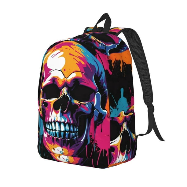 Disketp Colorful Skull print Canvas Backpack Lightweight Travel Daypack Student Rucksack Laptop Backpack-Small