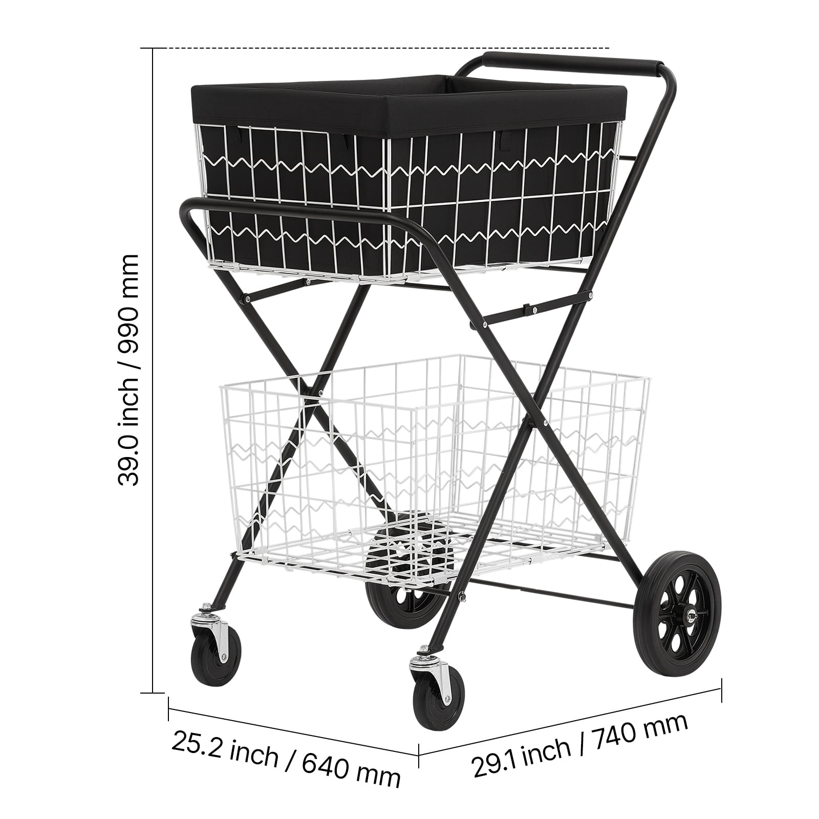 KFFKFF Foldable 2-Tier Shopping Cart with Wheels, 88lbs Capacity, Utility Cart with Detachable Storage Baskets and 360° Swivel Wheels for Groceries, Warehouse, and Supermarket Use