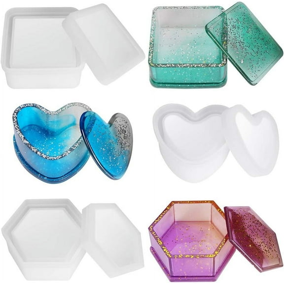 Box Resin Moulds, Jewelry Box Molds with Hexagon Epoxy Resin Moulds Heart Shape Silicone Resin Mold and Square Storage Box Mould for Making Resin Casting Crafts Decoration