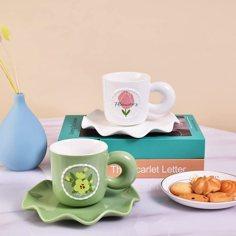 DanceeMangoos Ceramic Coffee Mug with Saucer Set, Cute Cup Unique Irregular  Saucer Design for Office and Home, Dishwasher and Microwave Safe