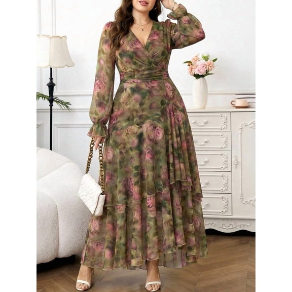 Multicolor Floral Print Wrap Dress With Ruffle Hem And Cinched Waist For Women