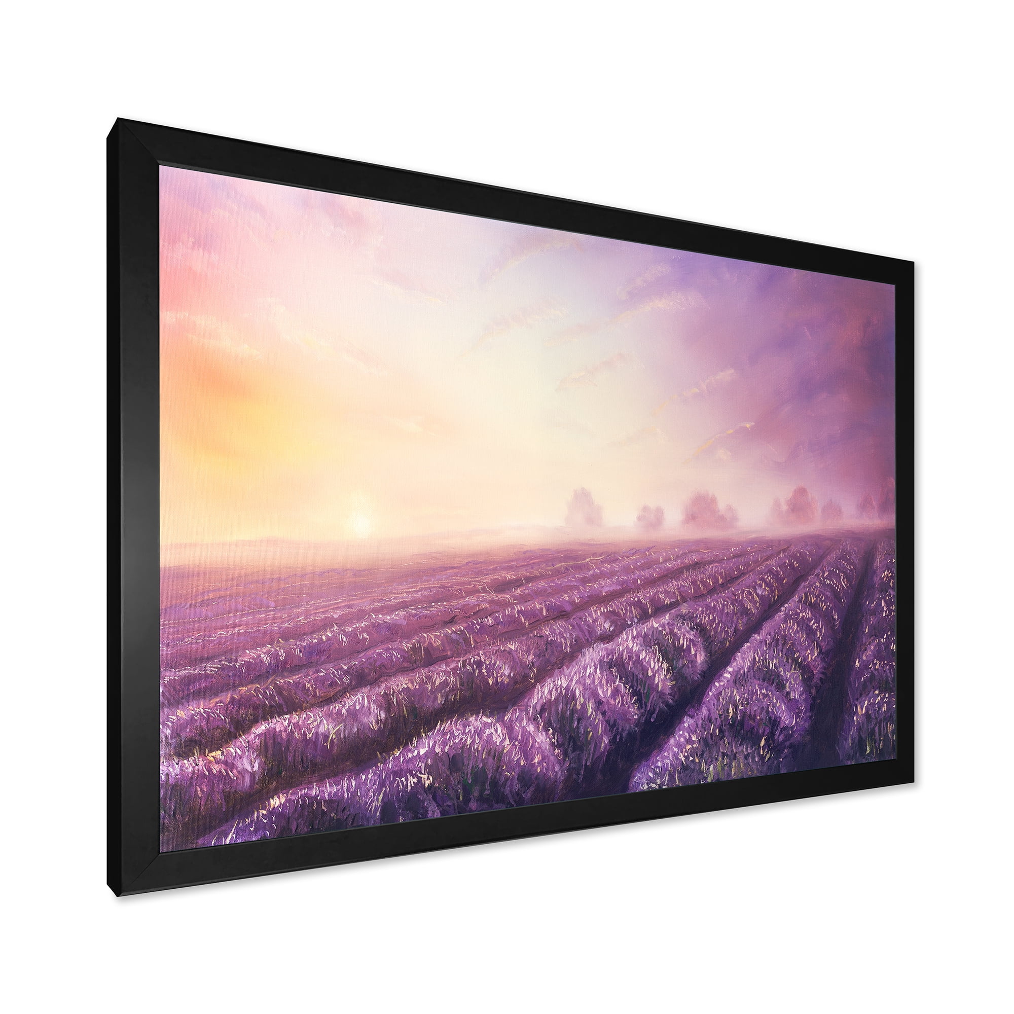 Lavender Fields During Sunrise 32 in x 24 in Framed Painting Canvas Art Print, by Designart