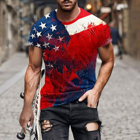 Shirts for Men under $5 Independence Day Printing Short Sleeve Round Neck Pullover Men's T-Shirt Shirts for Men Blue XXL
