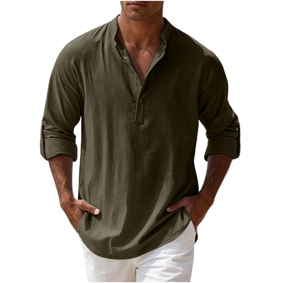 JUUYY Men's Cotton Linen Shirt Button Up Stand Collar Loose Fit Long Sleeve Adjustable Cuff Pullover Casual Shirts Tops for Men Army Green XL