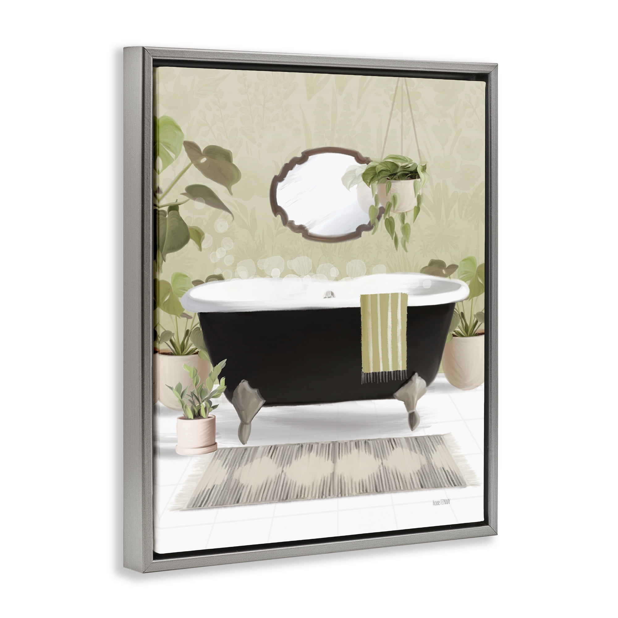 Stupell Industries Relaxing Bathroom Tub Bath & Laundry Painting Gray Floater Framed Canvas Art Print Wall Art, 17 x 21