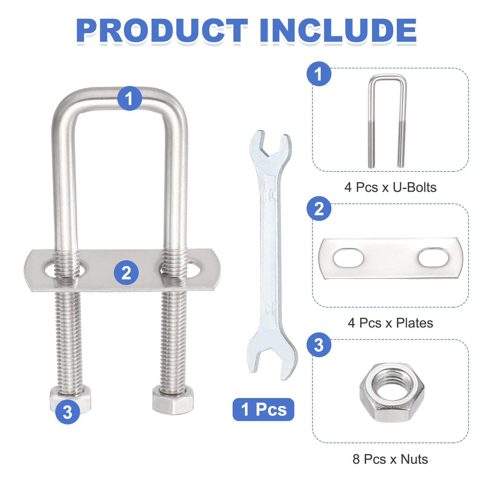 Uxcell 4 Sets M8 Square U-Bolts, 1.02" Inner Width 3.94" Length 304 Stainless Steel U Clamp Bolts with Nuts, Plates and Wrench