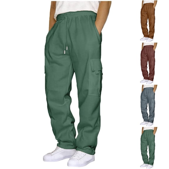 Jacenvly 2024 New Summer Casual Pants for Men Men's Drawstring Elastic-Waist Solid Color Pocket Sweatants Skin-Friendly Casual Mens Slacks Army Green