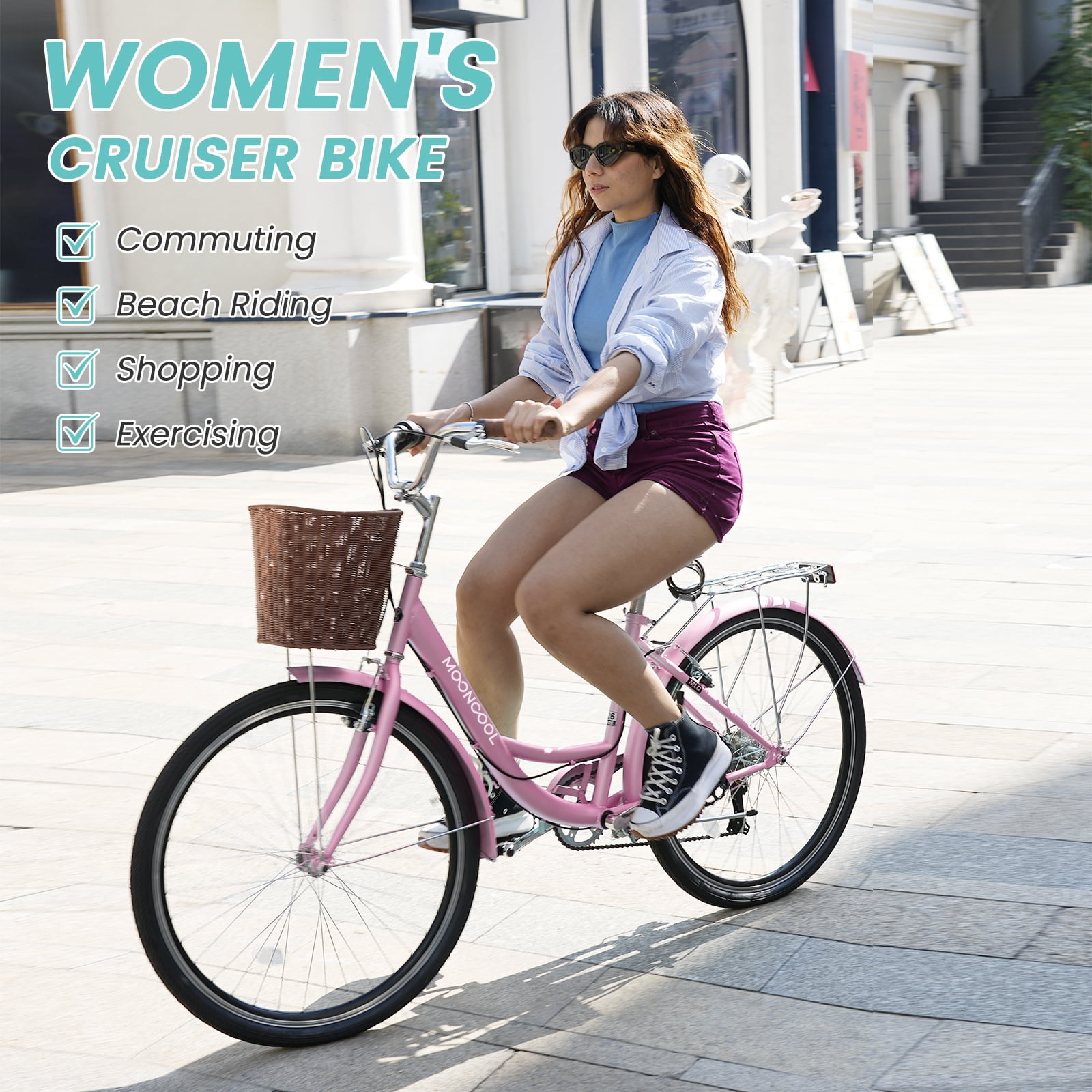 MOONCOOL 24/26 Inch Cruiser Bike for Women, 7 Speed Step-Through Bicycle with Basket, Rear Rack & Lock, Retro City Bike for Adults