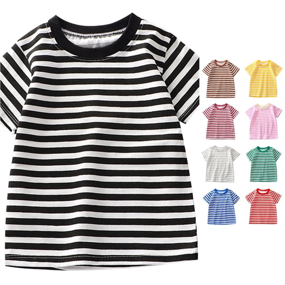 WERYOUNG Children's Summer T Shirts Short Sleeved Crewneck Striped T-Shirt Solid Color Cotton Boys Girls Baby Base Tees Stylish Top 18-24 Months