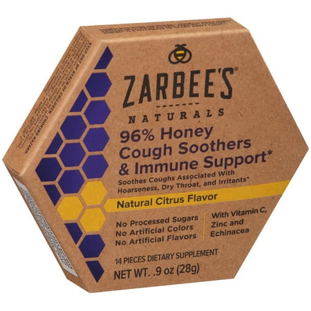 1/4 Natural - Zarbee's Naturals 96% Honey Cough Soothers + Immune Support* with Vitamin C, Zinc, and Echinacea, Natural Citrus Flavor, 14 Count