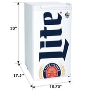 Miller Lite Compact Fridge w/ Bottle Opener, 3.2 cu ft (90L), White, Space-Saving Flat Back Design, Reversible Door, Tempered Glass Shelves, Licensed Miller Lite Artwork, Perfect for Beer-Lovers