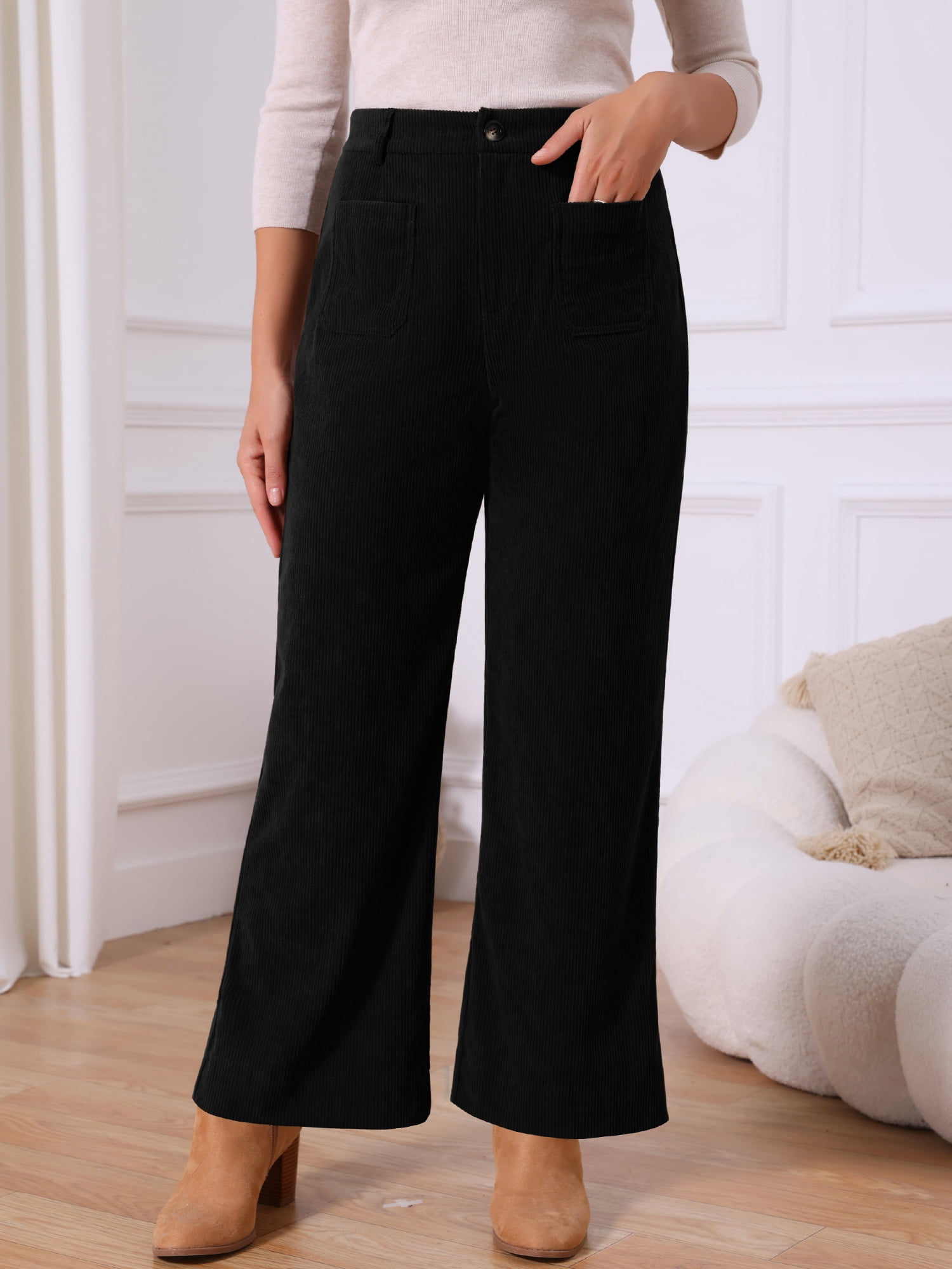 DARING DIVA Women's High Waisted Corduroy Wide Leg Pants with Pockets L Black