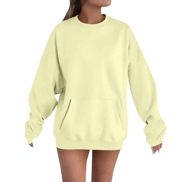 Breezora Chandail à Capuchon à Poche Surdimensionné pour Femmes, Col Rond, Chandail Décontracté Confortable, Taille P, Beige
