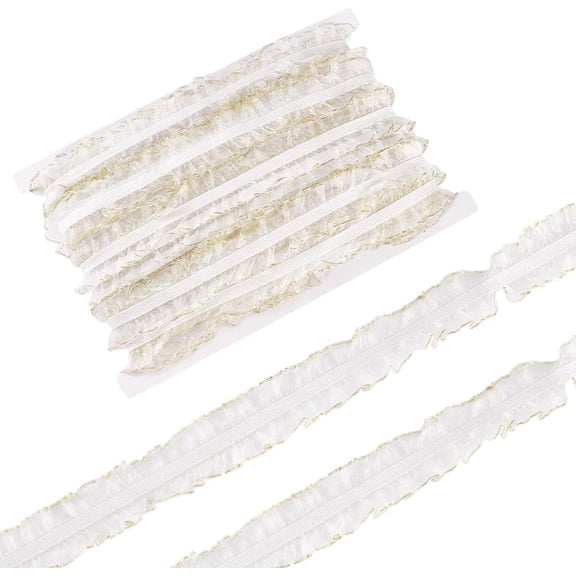 22 Yards White Stretch Lace Trim Double Ruffle Lace Ribbon 1 inch Organza Ruffled Pleated Laces Fabric Trim with Gold Edge