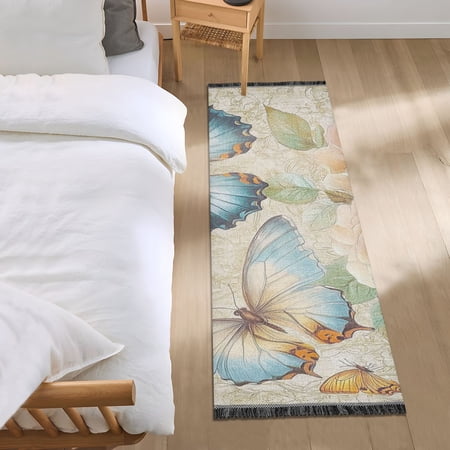 Butterfly and Flowers Vintage Bedroom Runner Rug 2'x 6' Non Slip Carpet Indoor Home Area Rug Living Room
