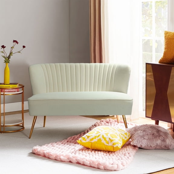 Tina's Home Velvet Upholstered Loveseat Sofa with Gold Metal Legs, White Tufted Back Home Bedroom Ivory
