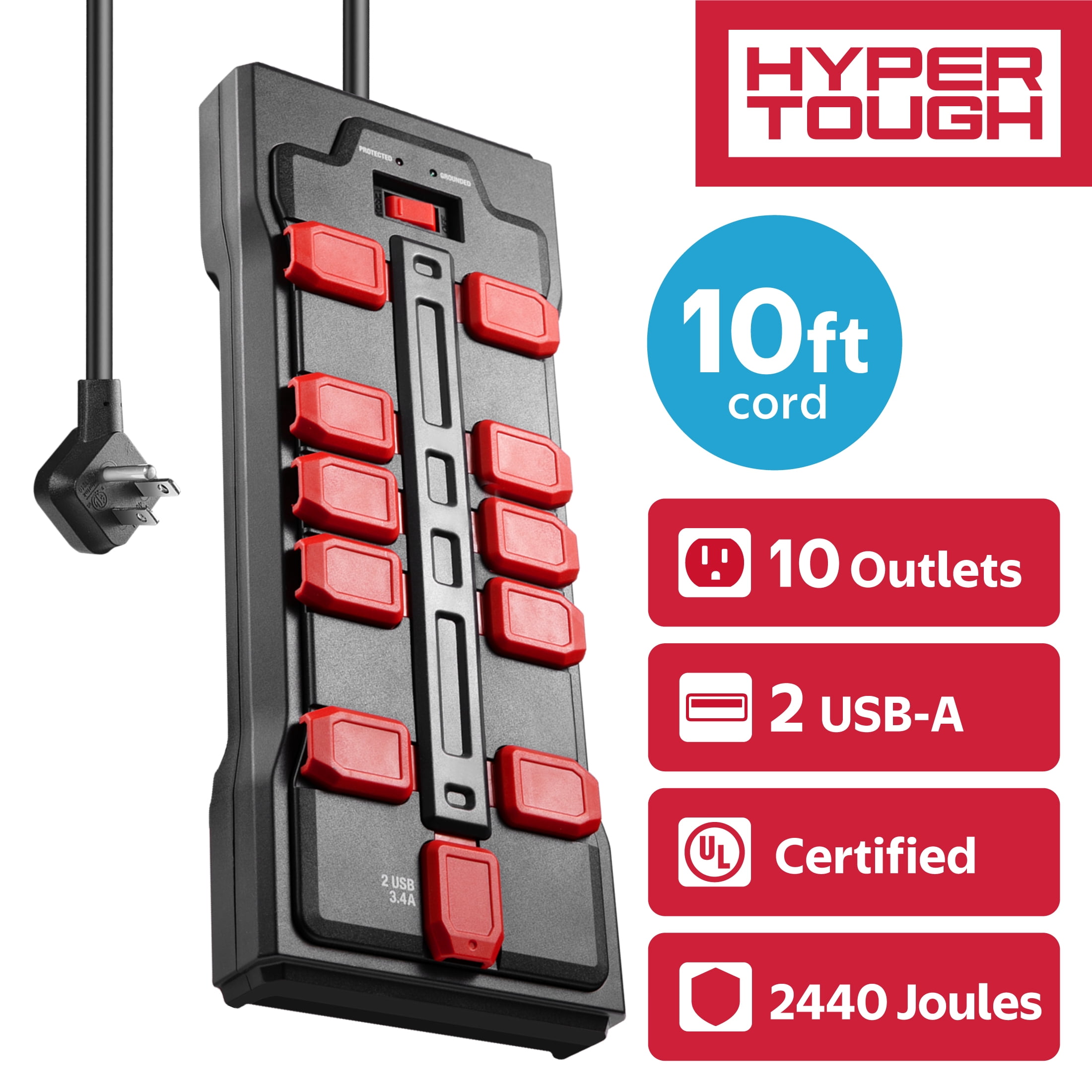 (2 pack) Hyper Tough Surge Protector Power Strip with Usb, 10 Safety Outlets, 10ft Extension Cord, Black/Red