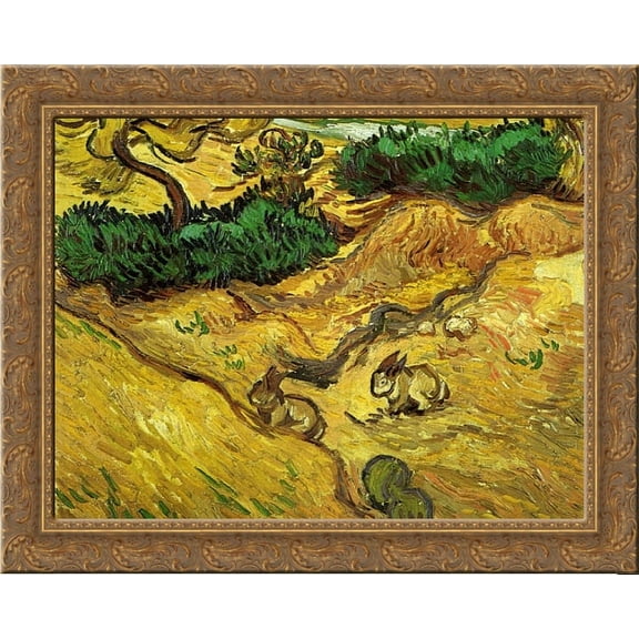 Field with Two Rabbits 24x20 Gold Ornate Wood Framed Canvas Art by Vincent van Gogh