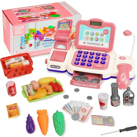 Anpro Cash Register Toys for Kids, 43PCS Pretend Play Register Kids Cashier with Sound, Microphone, Scanner, Pretend Credit Card, Play Food for Toddler Girls Boys Gifts Age 3+, Pink