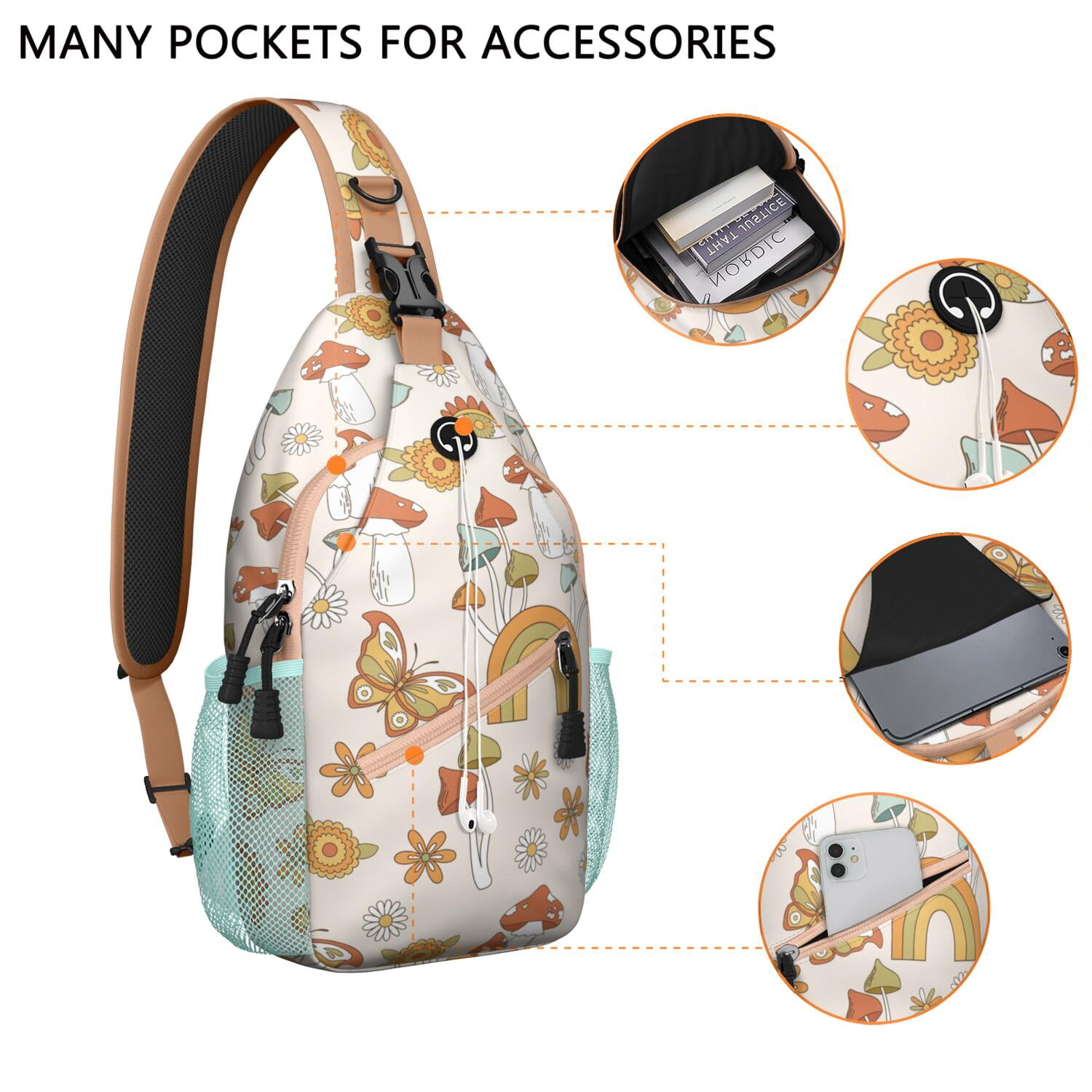 Vintage Mushroom Sling Bag for Men & Women - Anti-Theft Crossbody Backpack with Spacious Pockets - Durable & Comfortable for Hiking, Biking & Travel