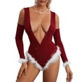 thumbnail image 2 of Douhoow Women Christmas Bodysuits White Plush Trim Bodycon Romper Deep V-Neck Sleeveless Short Jumpsuit with Arm Sleeves, 2 of 9