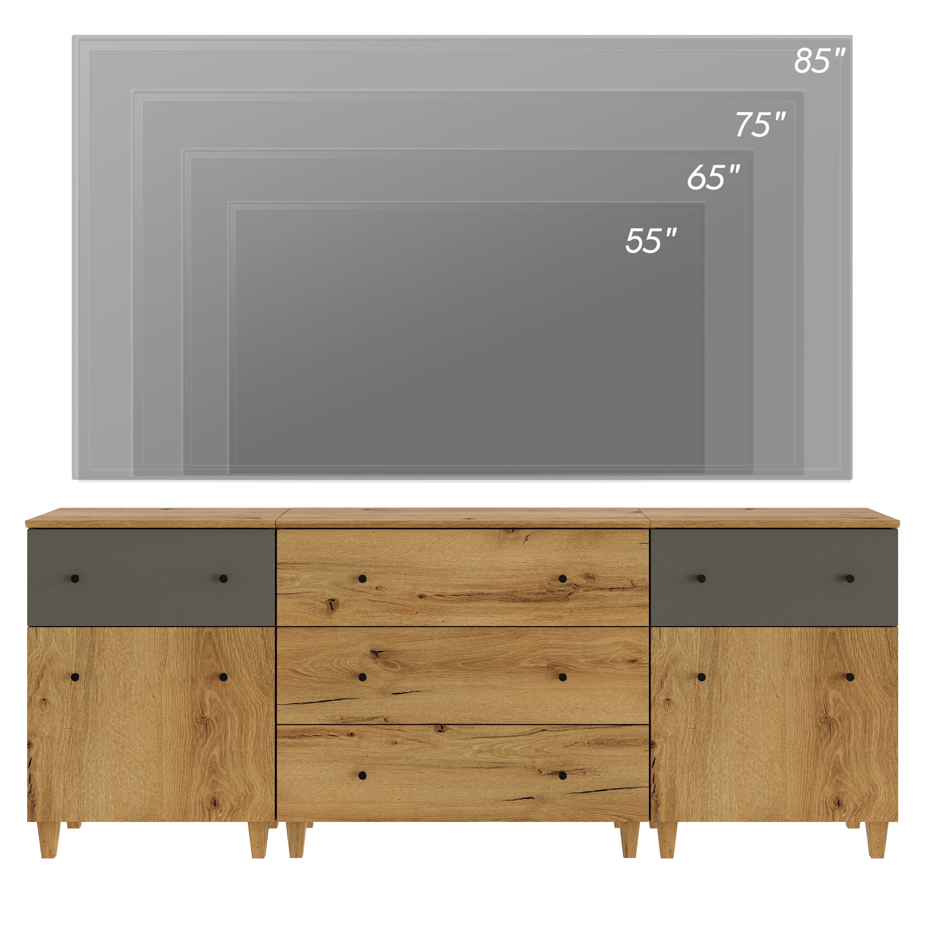 WAMPAT Wide TV Stand for 85+ Inches TVs, 3-in-1 Modern Wooden Media Console with 5 Spacious Drawers and 2 Storage Cabinets for Living Room, Oak Brown