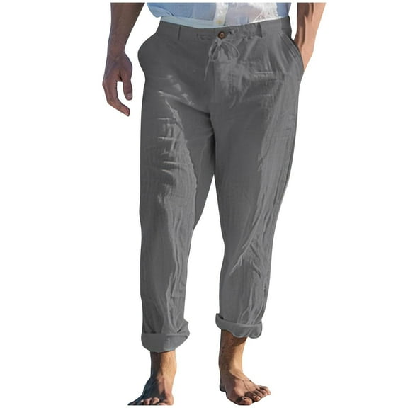 Amkhujs Sizes M-XXXL 60%Cotton,40%Linen Full Length Pants Men Solid Casual Multiple Zipper Button Pockets Outdoor Straight Type Fitness Cargo Trousers, Gifts for Man