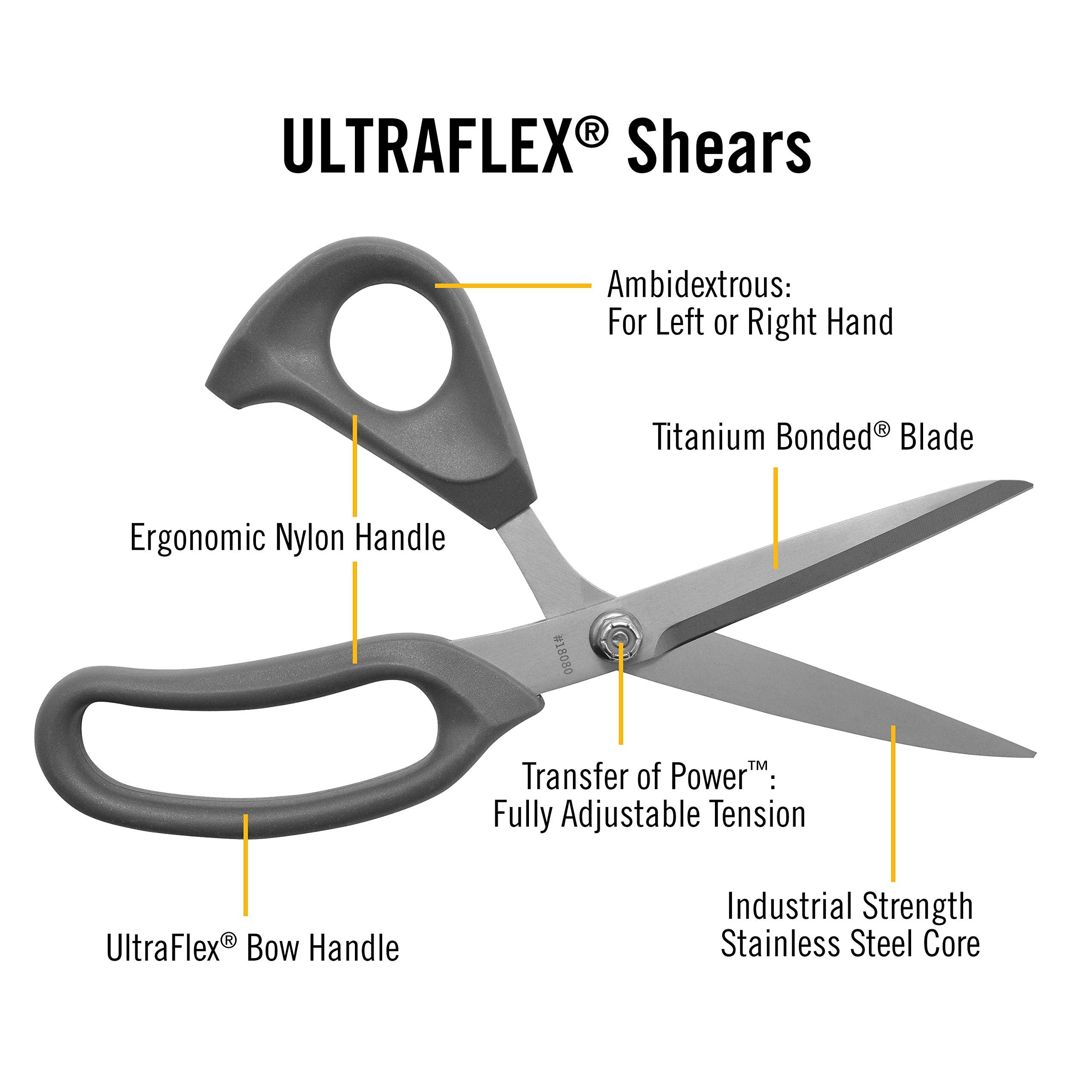 Clauss 18080 9-Inch Bent Titanium Bonded Adjustable Tension Shears with Extra Large Ultraflex Handles, Grey