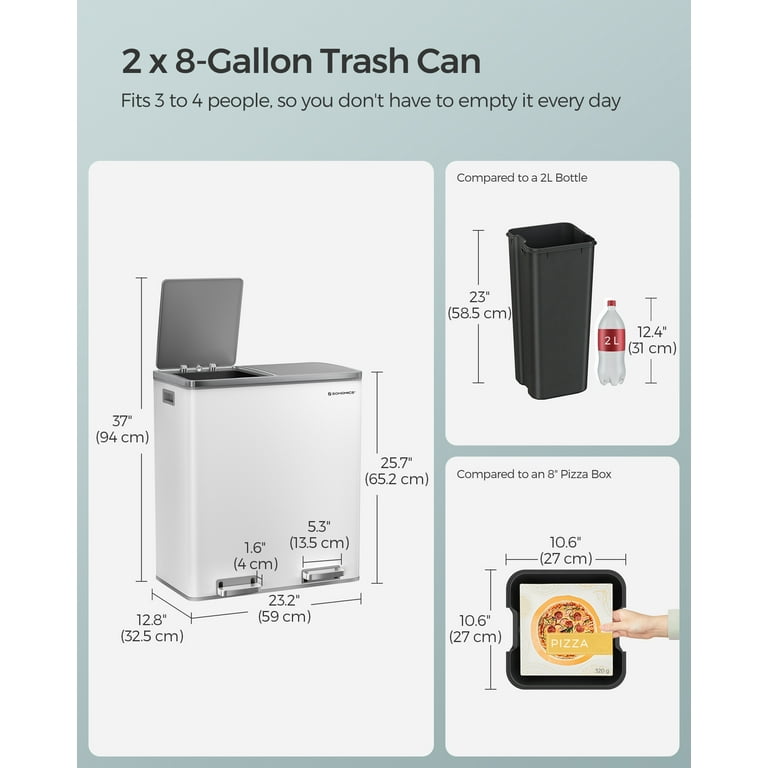 SONGMICS Dual Trash Can, 16 Gal (60L) Rubbish Bin and 15 Trash Bags - Almond