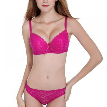

Wuffmeow Sexy Women Lace Drill Bra Set Push Up Underwear Set Bra And Thong Set Rose 38C