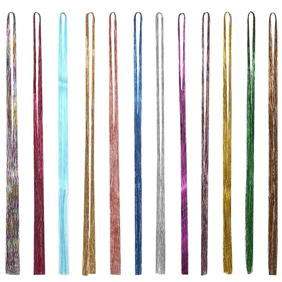 12 Colors 12Pcs 48 Inch Sparkling Tinsel Hair Extensions Colorful Tinsel Hair Strands Bulk Shiny Glitter Fairy Tensile Strands DIY