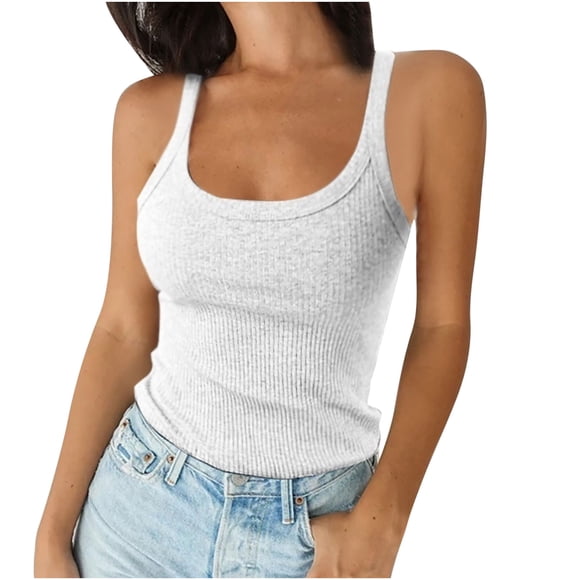 lcziwo Spring Tank Tops for Women 2024,Women's Sleeveless Tank Tops Summer Scoop Neck Ribbed Knit Slim Fitted Casual Basic Tee Shirts,White,S