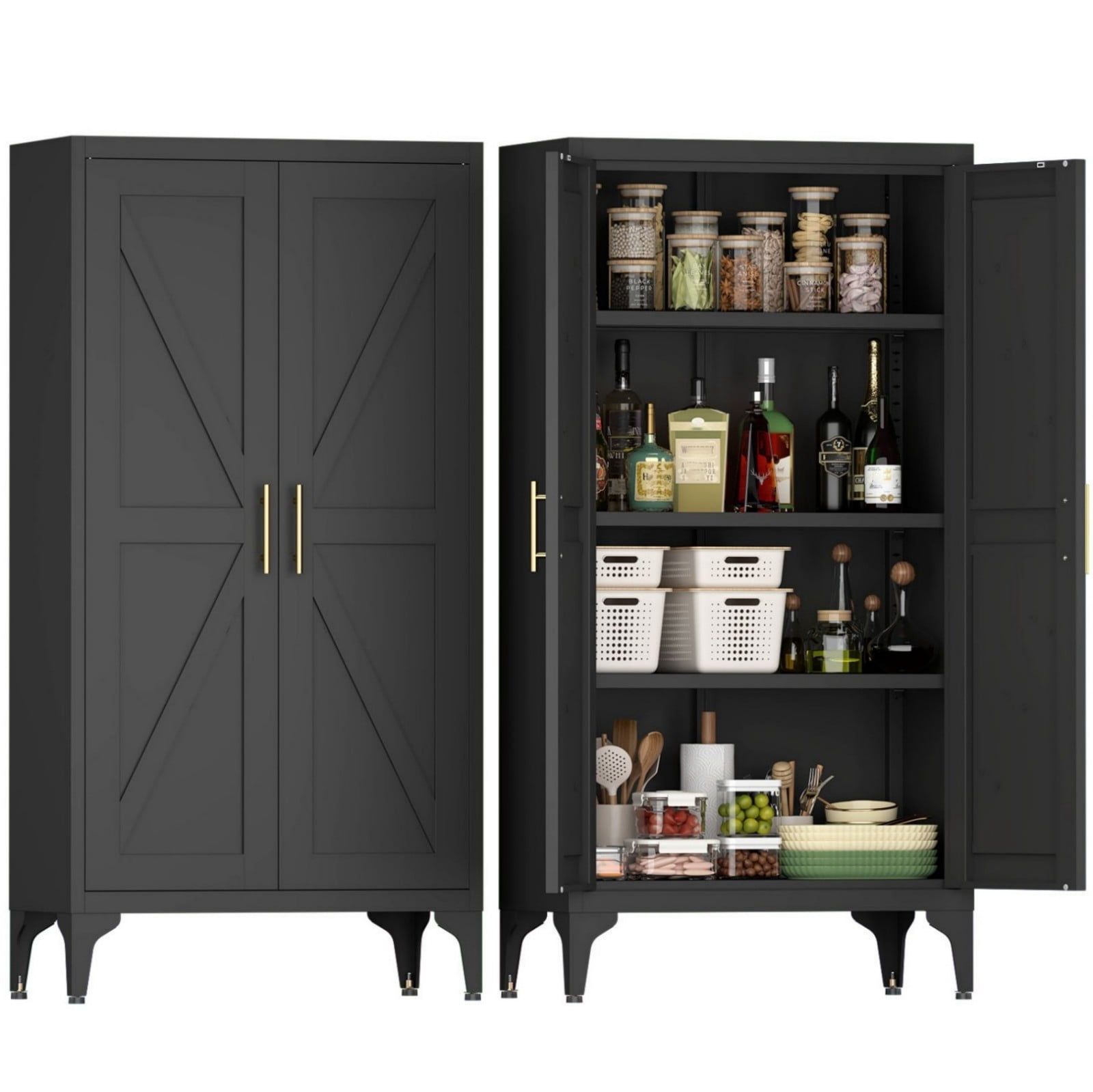 47" H Metal Storage Cabinet, 2-Door Steel Pantry Cabinet with Adjustable Shelves, Freestanding Kitchen Storage Cabinet for Living Room, Bedroom, Office, Black