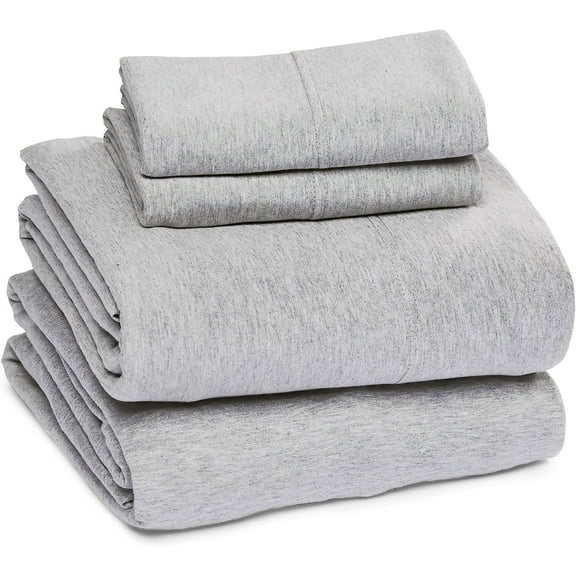 Sleepdown Jersey Knit Queen 4pc Set|100% T-Shirt Cotton Blend Ultra-Soft Breathable Sheets Queen Size Bed Set|Stretchy Comfy All Season Jersey Sheets Queen Set, Deep Pocket Queen Sheets, Heather Grey
