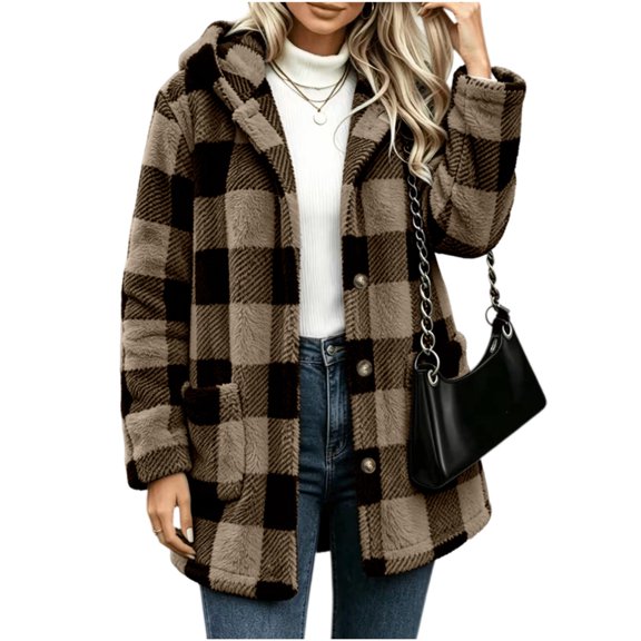 Sevevn Women's Hooded Plaid Fleece Coat Button‑Front Plaid Sherpa Jacket with Patch Pockets Winter Outerwear Brown 2XL