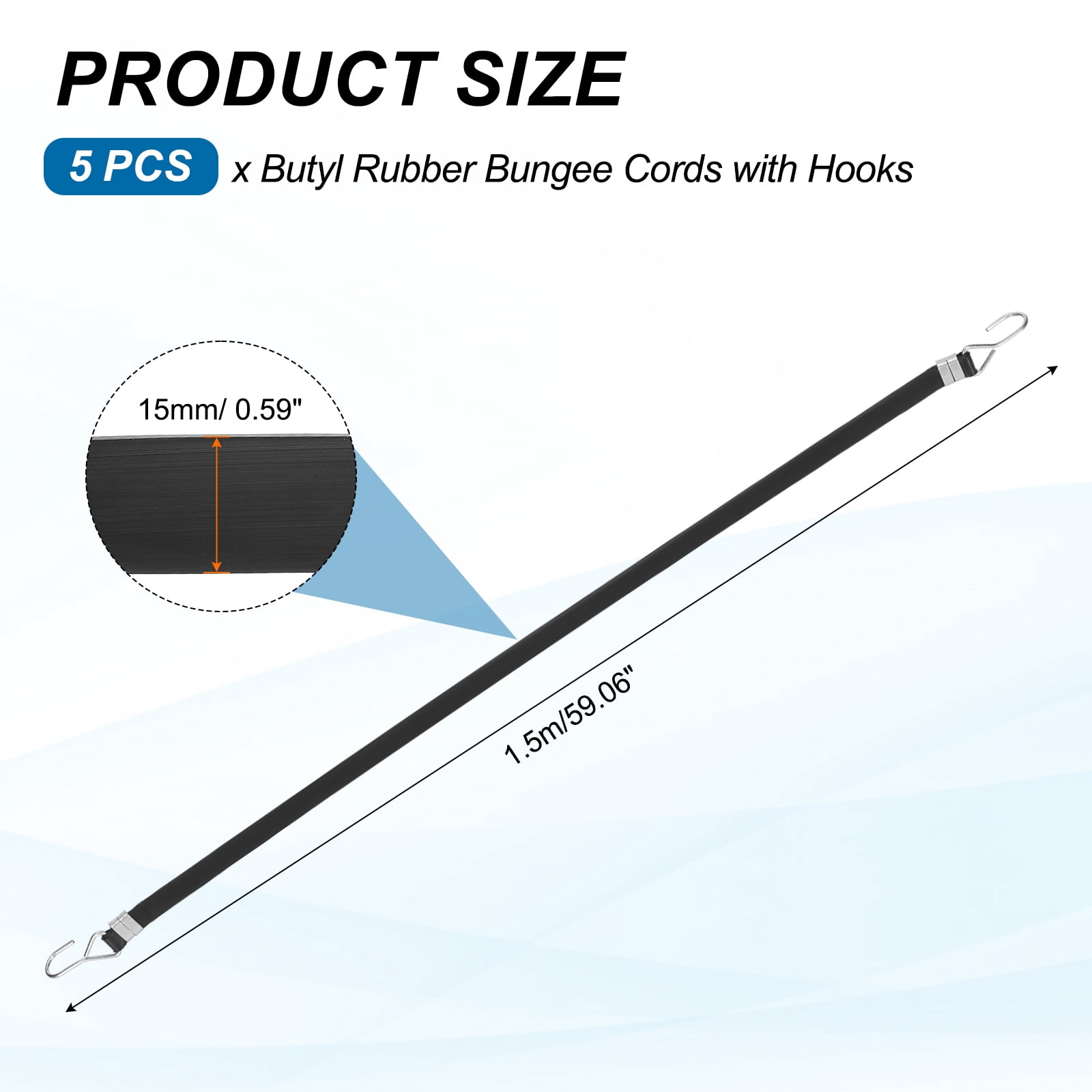 5Pack Bungee Cords with Hooks, 59.1" Bungee Straps Rubber Tarp Straps Tie Down Cords with Metal Hook Buckles for Securing Motorcycle Cargo Tarps Canvases, Black