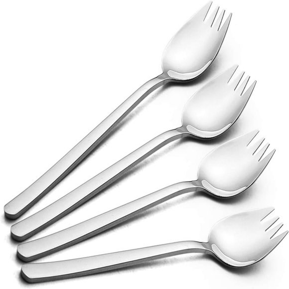 HLONK Sporks 4 Pcs 7.4” Long Handle 18/10 Stainless Steel Sporks Dessert Spoons Ice Cream Spoons Salad Forks Flatware Set Reusable Fruit Appetizer Dessert Forks for Household Use or Camp