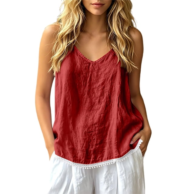 SZJXBUY T-Shirts Sans Manches pour Femmes, Camisole T-Shirt Bohème Chic Décontractée en Coton et Lin à Bretelles Spaghetti Ajustables, Col en V, Camisole d'Été Rouge, G