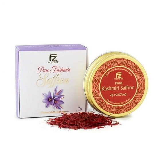 FOUZEE Pure Kashmiri Saffron Threads for Cooking, Spice, Spanish Foods. Finest Dark Red Saffron Delicious with Persian Rice, Tea, Golden Milk, Desserts, Rissoto Saffron Pack 2g